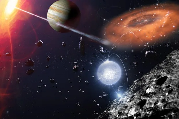 Planets, asteroids and a bright star against deep space